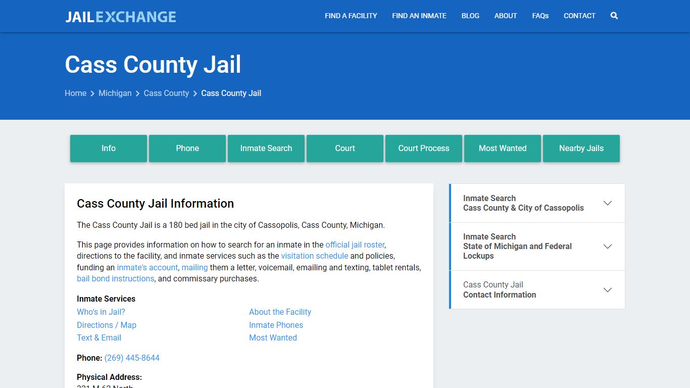 Cass County Jail, MI Inmate Search, Information